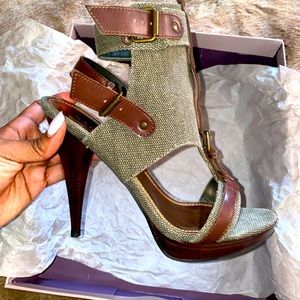 Olive Green and Brown Open Toe Heels